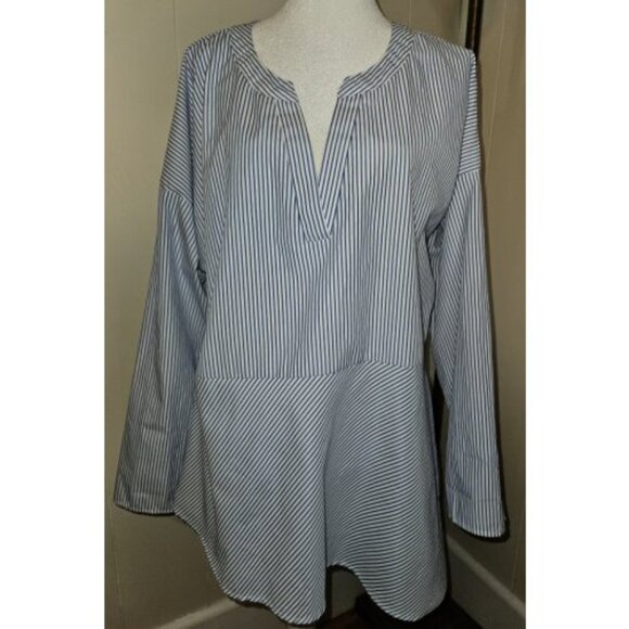 * STUDIO 1886 Blue White Pinstripe Long Sleeve Asymmetrical Hem Blouse Ladies L - Picture 2 of 5
